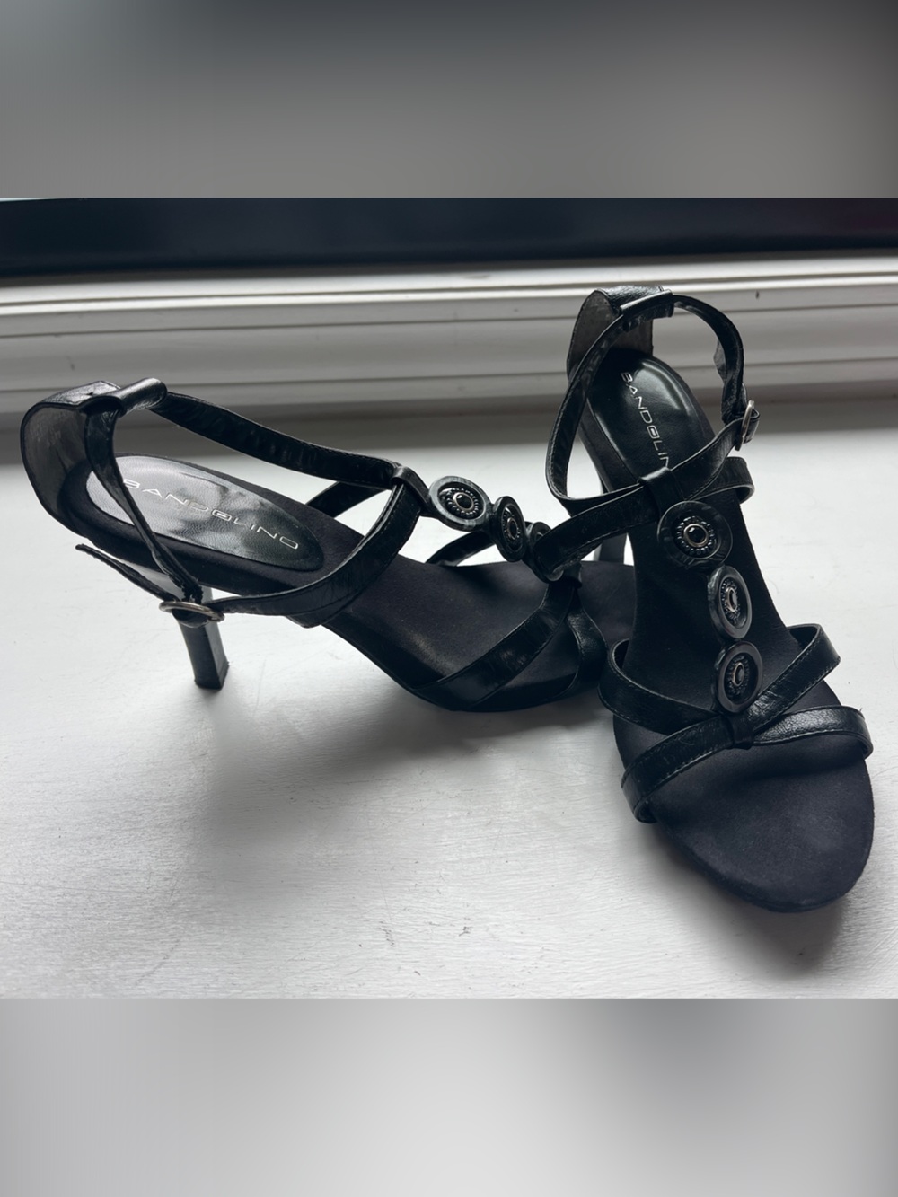 Bandolino Black Strappy Heeled Sandals with Button Accents